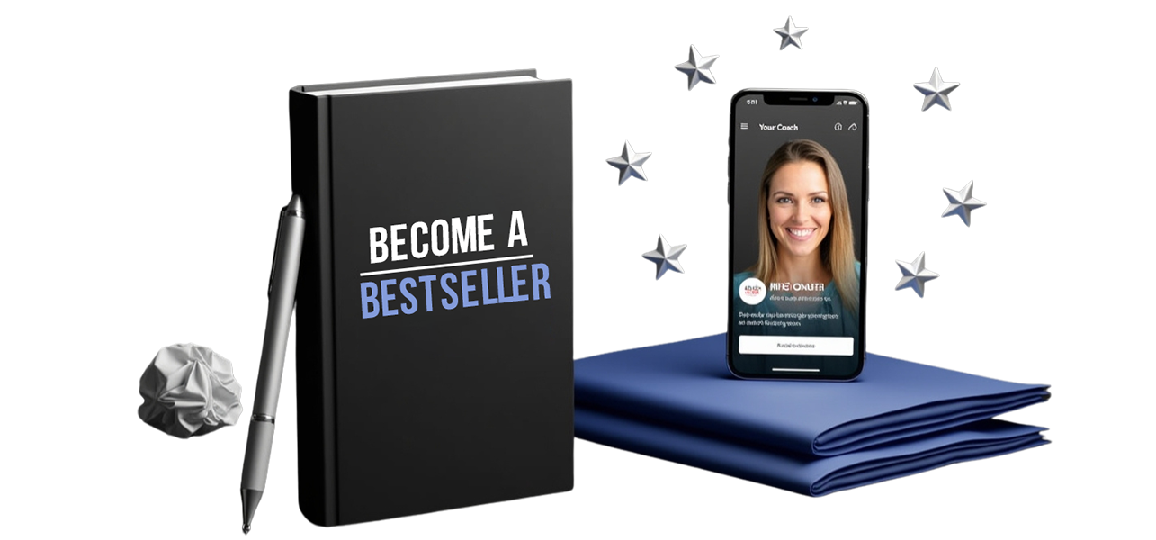A book titled Become a Bestseller next to a smartphone displaying a coaching session.